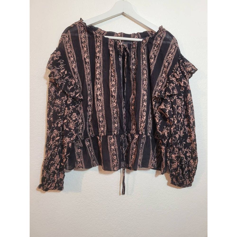 Free People Floral Peplum Blouse Ruffled Sleeves Size XS TP Black Tan - Picture 1 of 5